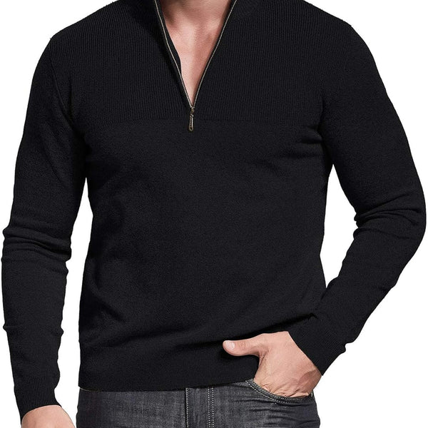 Mens Slim Fit Zip up Mock Neck Polo Sweater Casual Long Sleeve Sweater and Pullover Sweaters with Ribbing Edge