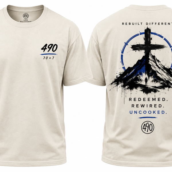 490 Rebuilt Different Mountain Tee - front and back